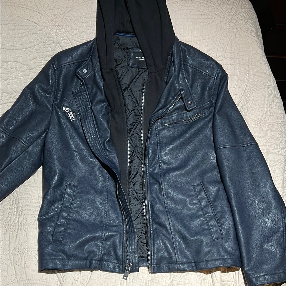 Men's Black Faux Leather Jacket with Hood